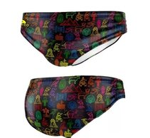 Muški kupaći slip sa šarenim neon uzorcima na crnoj podloz, pogled sa preda i pozadi