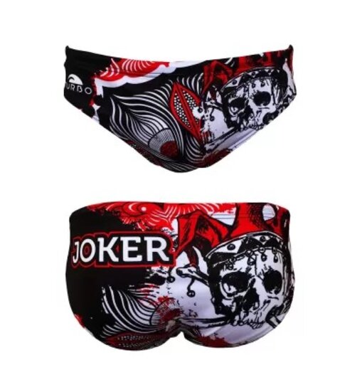 Muške kupaće gaće sa belo crno kosturskom glavom koja nosi kapu dvorske lude i natpis beli JOKER.