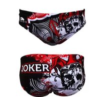 Muške kupaće gaće sa belo crno kosturskom glavom koja nosi kapu dvorske lude i natpis beli JOKER.