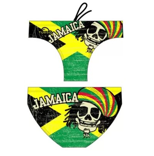 Muške kupaće gaće, sa kosturom u rastaman fazonu i natpis jamaica, pozadina je zastava jamaice