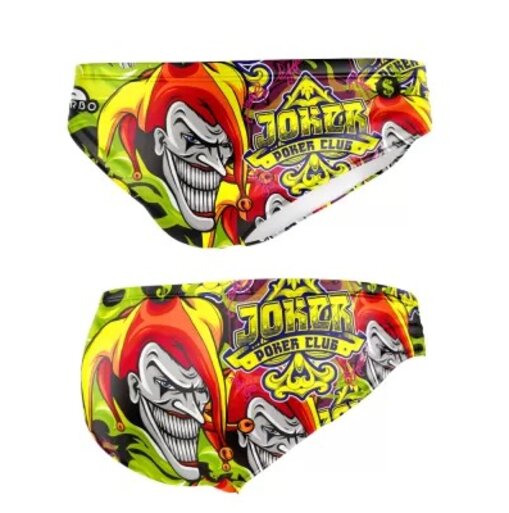 Zute muške kupaće gaće, sa sliama Jokera i natpisom JOKER, slika iz dva ugla spreda i pozadi