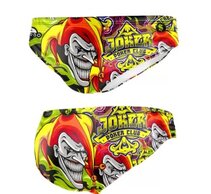 Zute muške kupaće gaće, sa sliama Jokera i natpisom JOKER, slika iz dva ugla spreda i pozadi